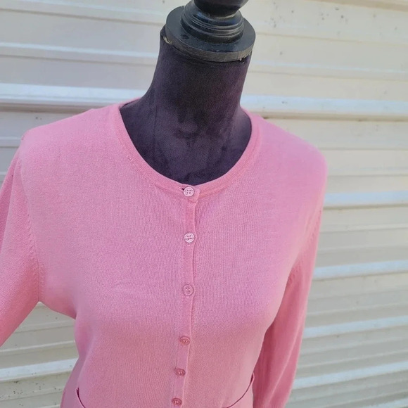 George Cardigan Sweater Ladies M 8/10 Pink Rayon Nylon Buttons 3/4 Sleeve Pocket - Picture 3 of 9